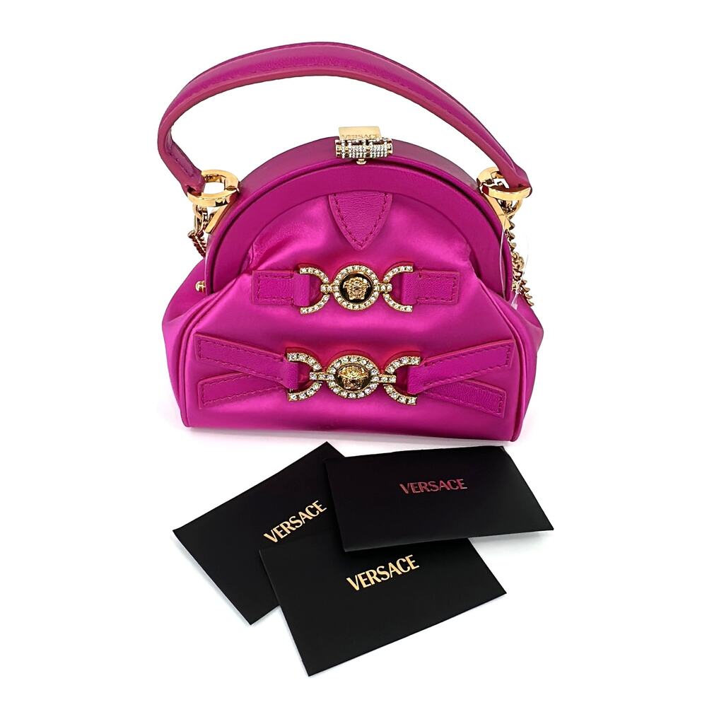 Versace Mini Crystal Medusa '95 Satin Bag Fuchsia NWOT Gold Hardware Authentic
